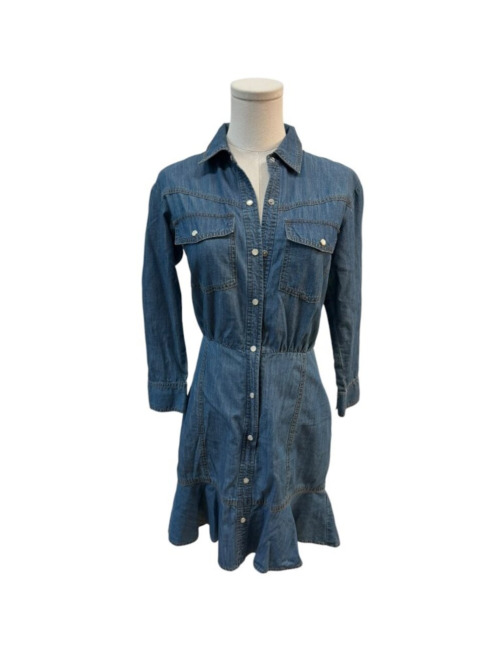 Veronica Beard Denim Snap Front Ruffle Hem Dress Size 2 Chambray Like New